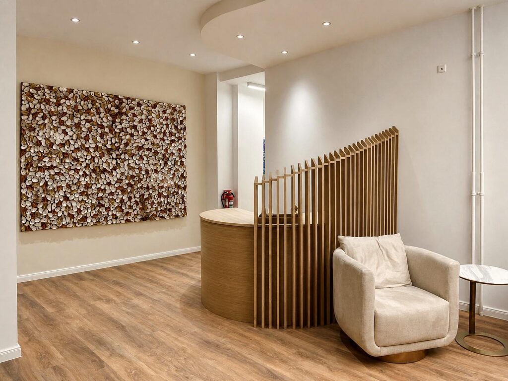 Fertiger Empfangsbereich mit Natursteinwand und Steintresen – Arztpraxis FF Infusion Therapy, Hausvogteiplatz 12, Berlin-Mitte