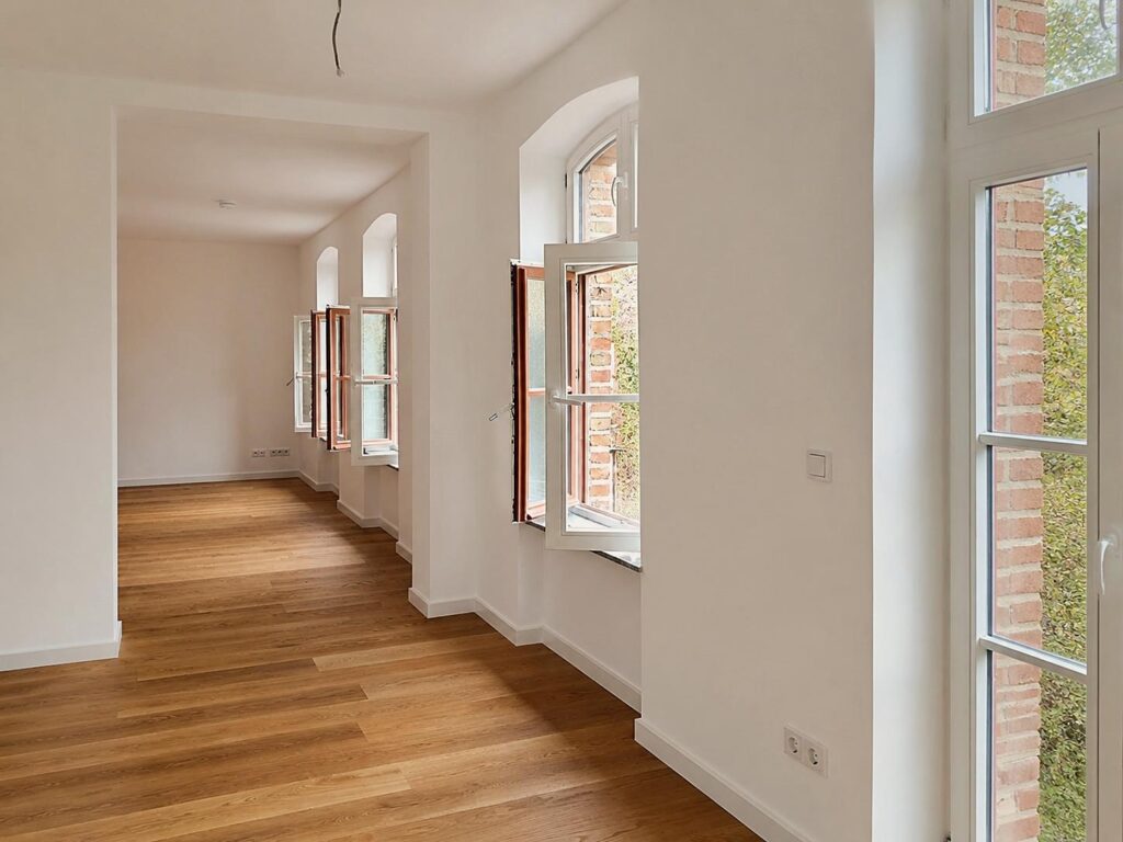 Malerarbeiten: frisch gestrichener heller Wohnraum mit Parkettboden